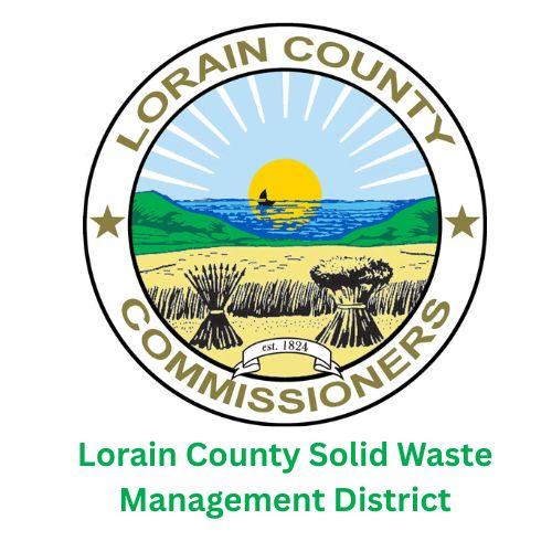 The circular seal of the Lorain County Commissioners features a landscape with a rising sun, water, and wheat sheaves, accompanied by the text 'Lorain County Solid Waste Management District'.